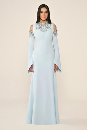 Embroidered Top Long Sleeve Crepe Maxi Dress
