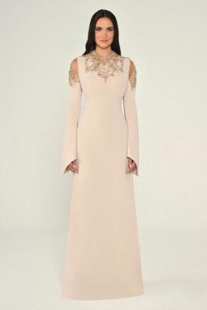 Embroidered Top Long Sleeve Crepe Maxi Dress