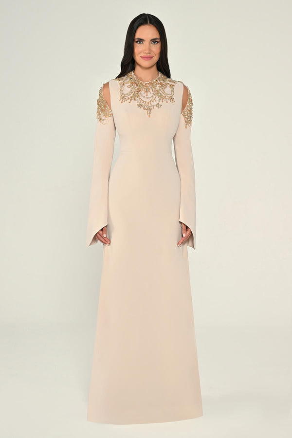 Embroidered Top Long Sleeve Crepe Maxi Dress