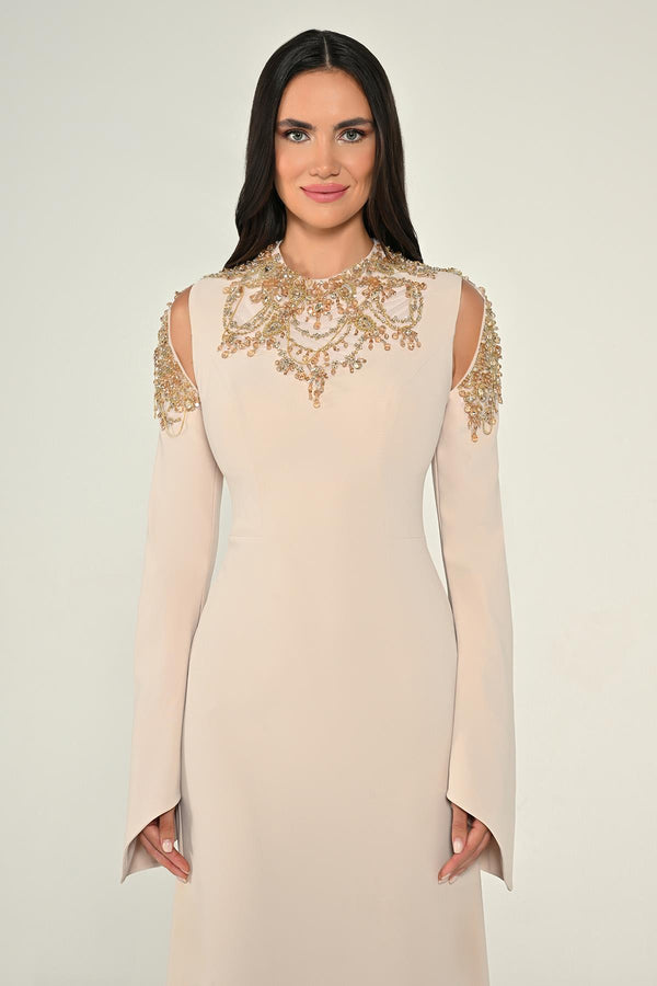 Embroidered Top Long Sleeve Crepe Maxi Dress