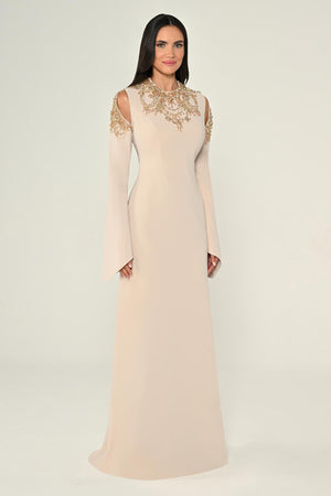 Embroidered Top Long Sleeve Crepe Maxi Dress