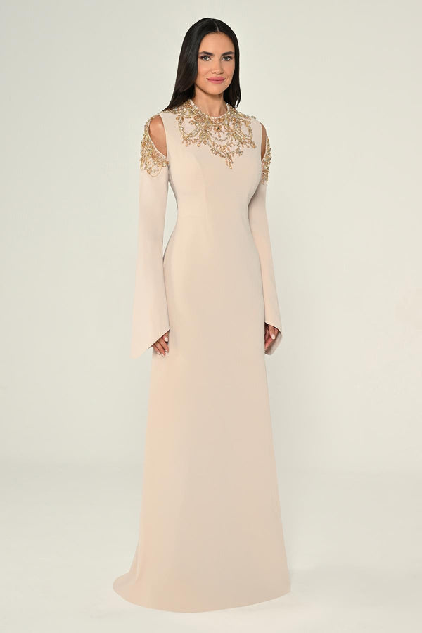 Embroidered Top Long Sleeve Crepe Maxi Dress