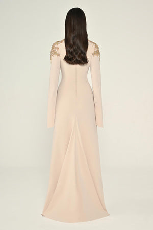 Embroidered Top Long Sleeve Crepe Maxi Dress