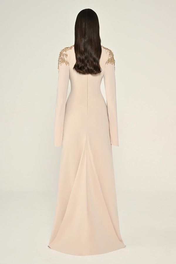 Embroidered Top Long Sleeve Crepe Maxi Dress