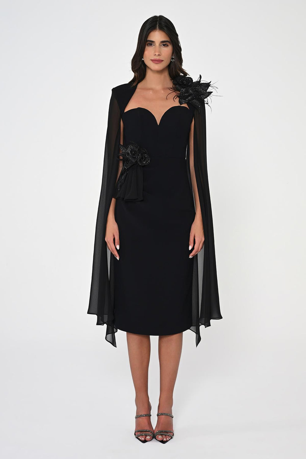 Heart Chest Sleeves Chiffon Shawl Midi Dress