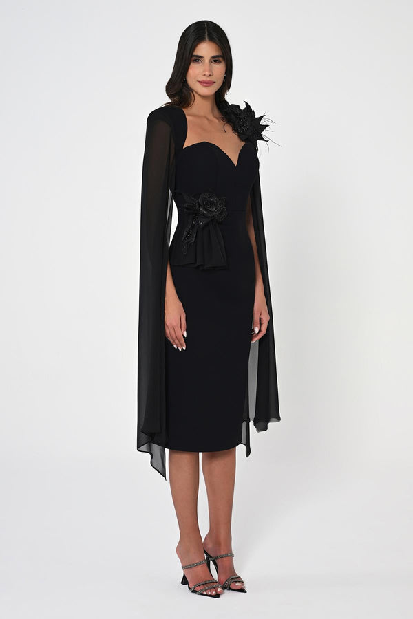 Heart Chest Sleeves Chiffon Shawl Midi Dress