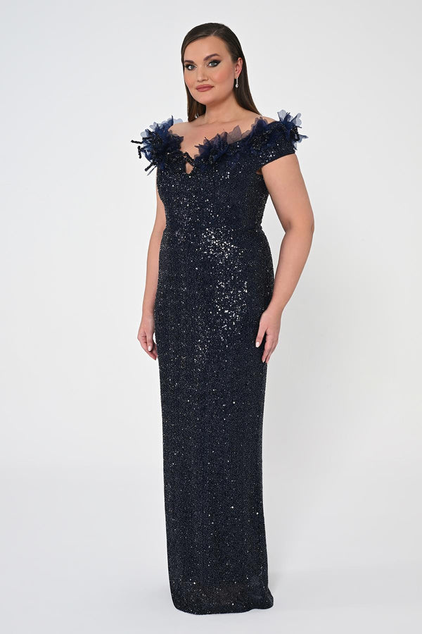Floral Boat Neck Sequin Long Dress