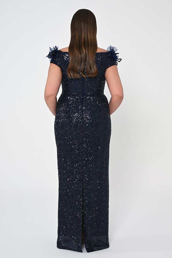 Floral Boat Neck Sequin Long Dress