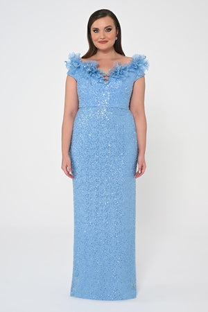 Floral Boat Neck Sequin Long Dress