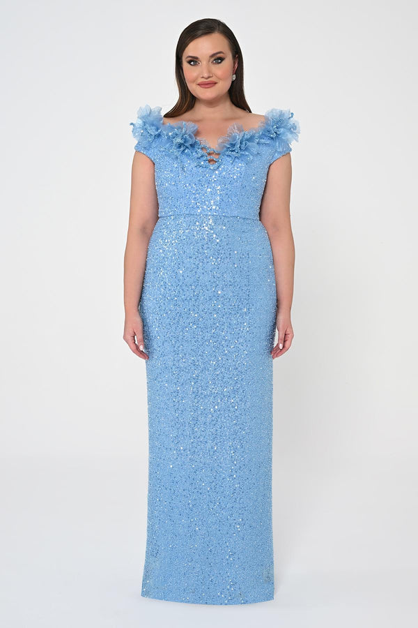 Floral Boat Neck Sequin Long Dress