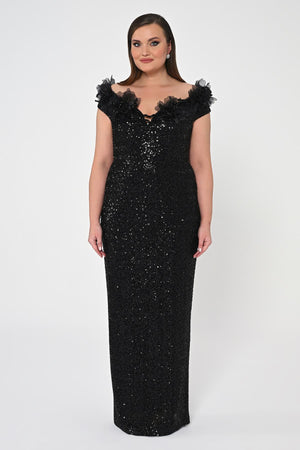 Floral Boat Neck Sequin Long Dress