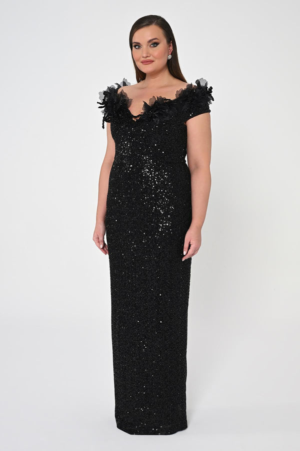 Floral Boat Neck Sequin Long Dress