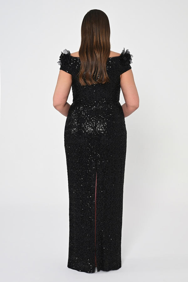Floral Boat Neck Sequin Long Dress
