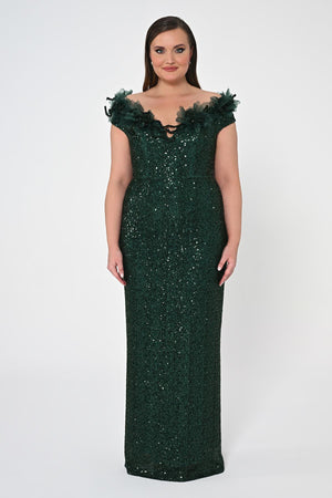 Floral Boat Neck Sequin Long Dress