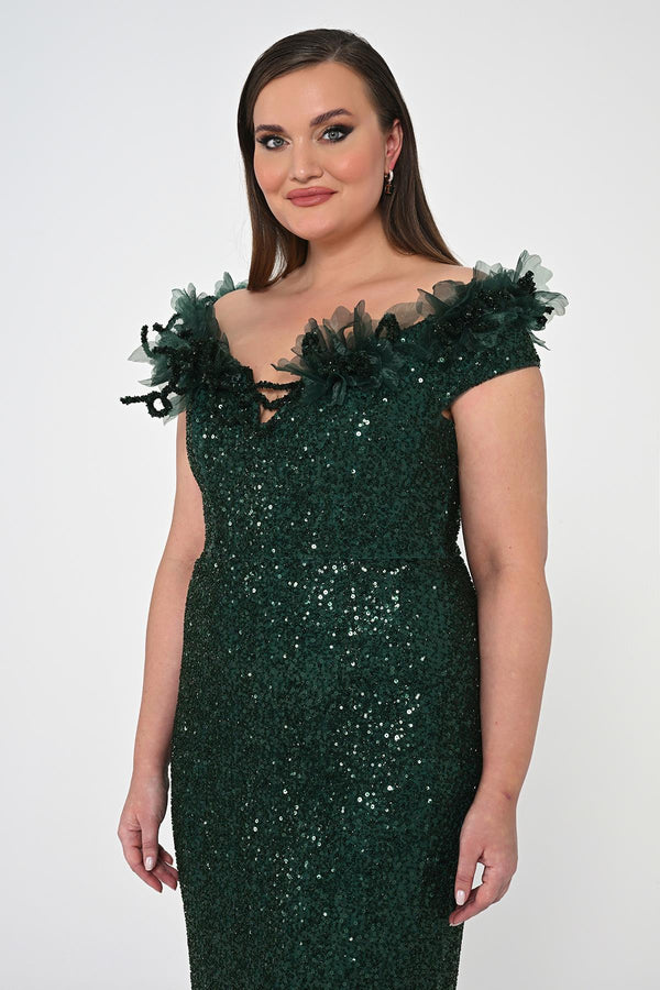 Floral Boat Neck Sequin Long Dress