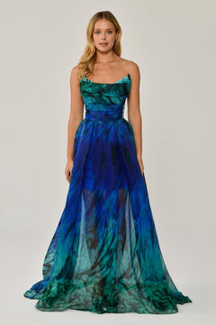 Boat Neck Patterned Tulle Long Dress