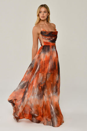 Boat Neck Patterned Tulle Long Dress