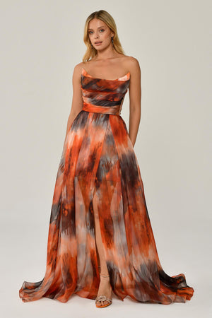 Boat Neck Patterned Tulle Long Dress