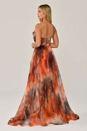 Boat Neck Patterned Tulle Long Dress