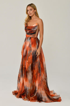 Boat Neck Patterned Tulle Long Dress