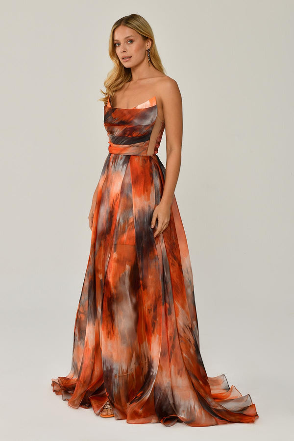 Boat Neck Patterned Tulle Long Dress