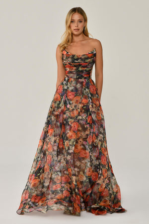 Boat Neck Patterned Tulle Long Dress