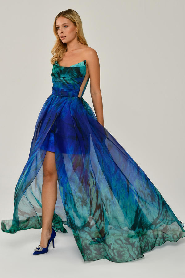 Boat Neck Patterned Tulle Long Dress