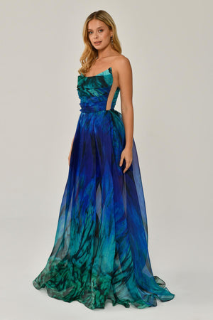 Boat Neck Patterned Tulle Long Dress