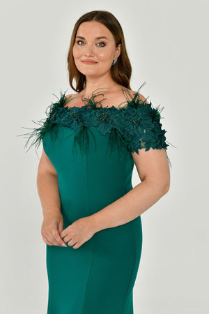 Crepe Long Dress with Boat Neck and Ostrich Feather Trim