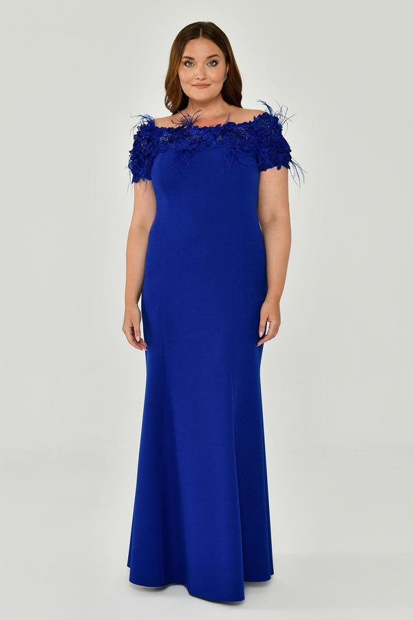 Crepe Long Dress with Boat Neck and Ostrich Feather Trim