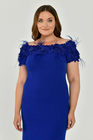 Crepe Long Dress with Boat Neck and Ostrich Feather Trim