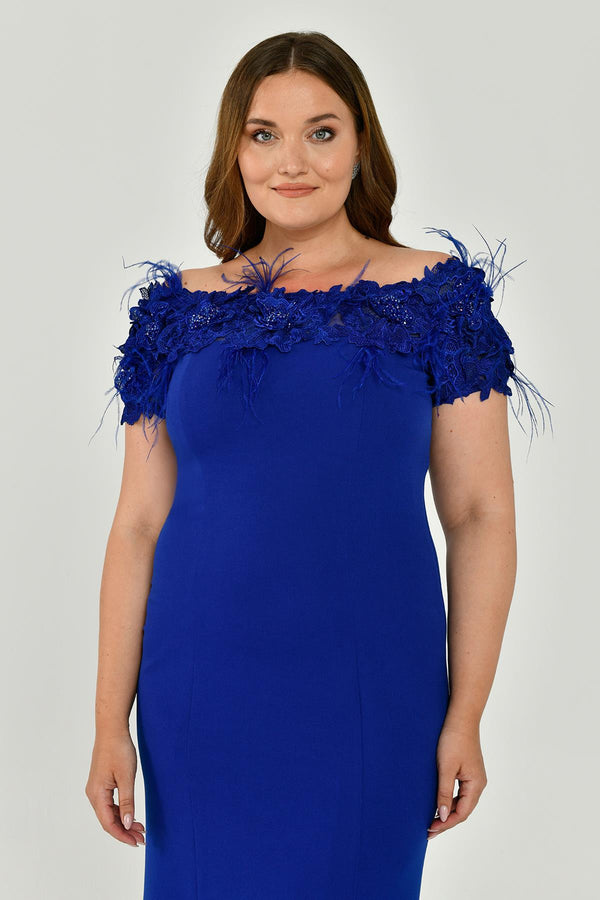 Crepe Long Dress with Boat Neck and Ostrich Feather Trim