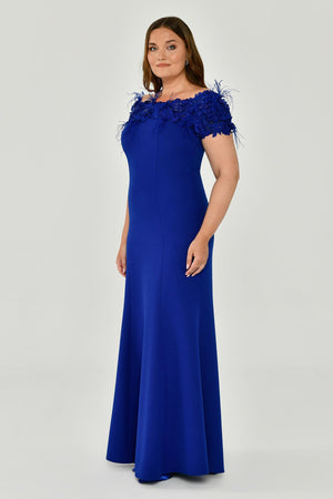 Crepe Long Dress with Boat Neck and Ostrich Feather Trim