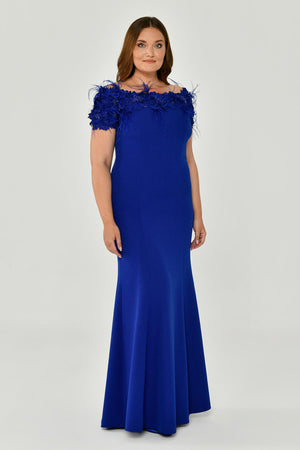 Crepe Long Dress with Boat Neck and Ostrich Feather Trim