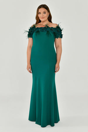Crepe Long Dress with Boat Neck and Ostrich Feather Trim