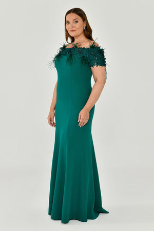 Crepe Long Dress with Boat Neck and Ostrich Feather Trim