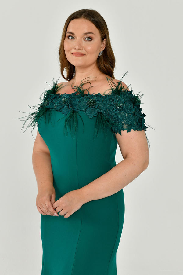 Crepe Long Dress with Boat Neck and Ostrich Feather Trim