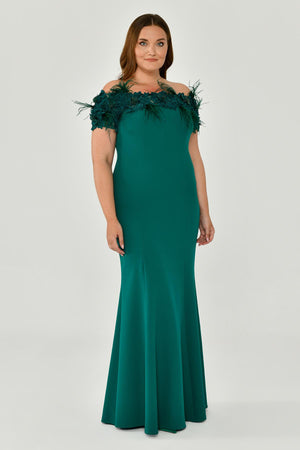 Crepe Long Dress with Boat Neck and Ostrich Feather Trim