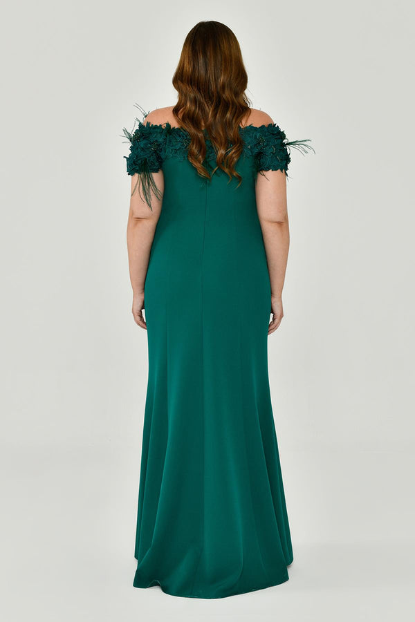 Crepe Long Dress with Boat Neck and Ostrich Feather Trim