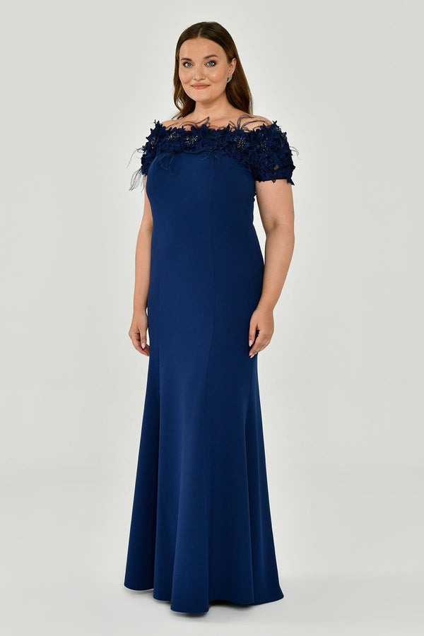 Crepe Long Dress with Boat Neck and Ostrich Feather Trim