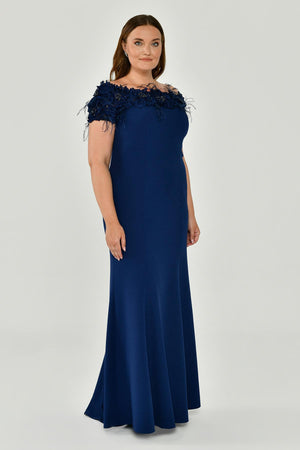 Crepe Long Dress with Boat Neck and Ostrich Feather Trim