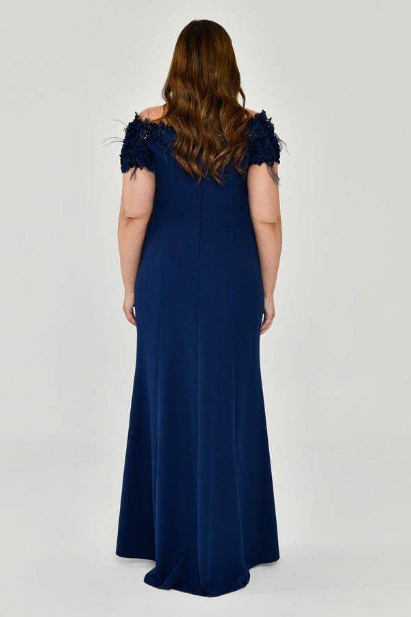 Crepe Long Dress with Boat Neck and Ostrich Feather Trim