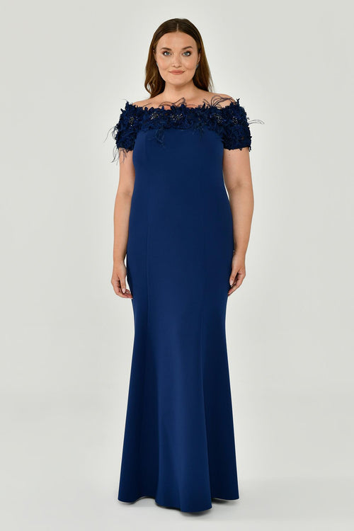 Crepe Long Dress with Boat Neck and Ostrich Feather Trim