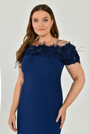 Crepe Long Dress with Boat Neck and Ostrich Feather Trim