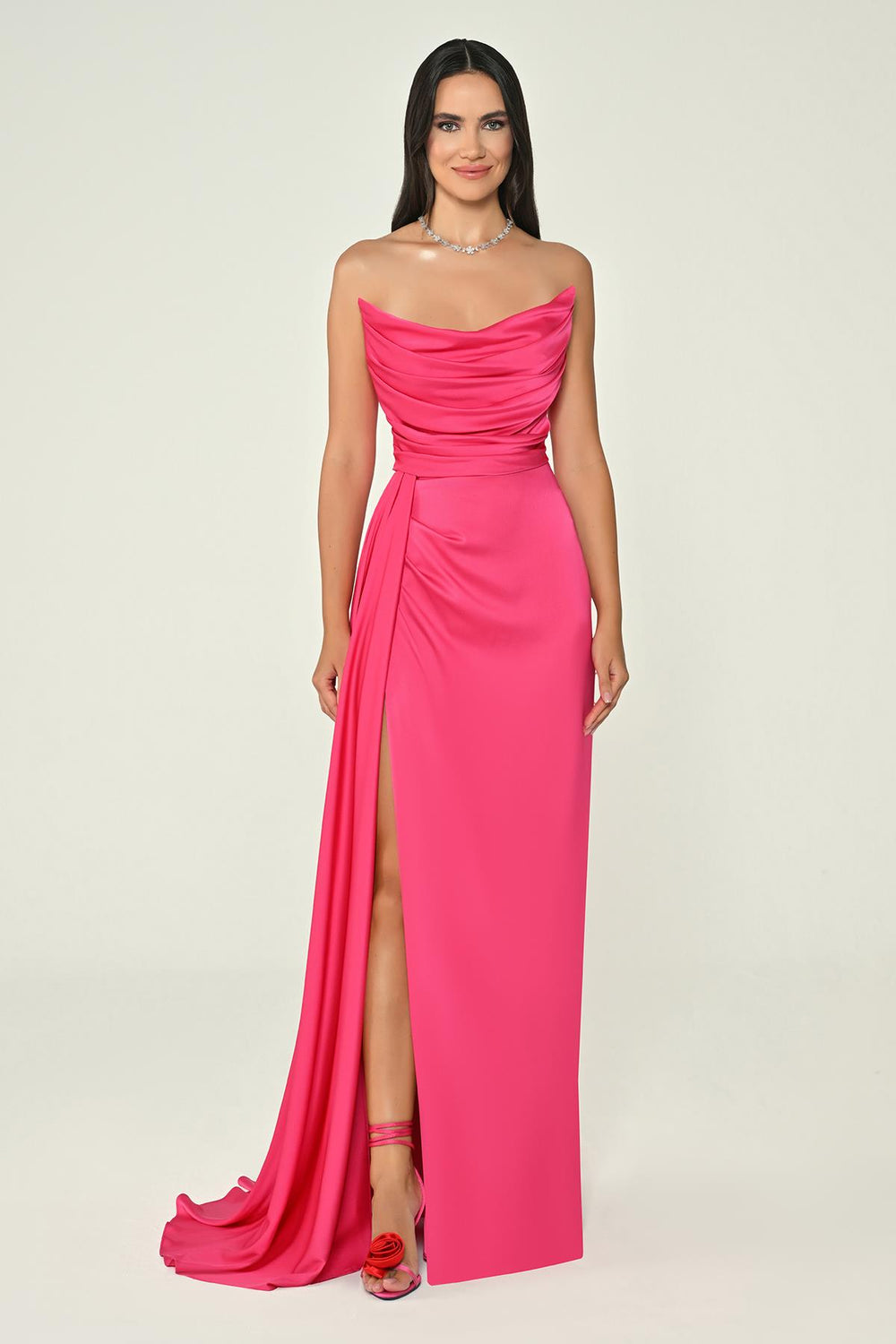 Boat Neck Slit Satin Dress