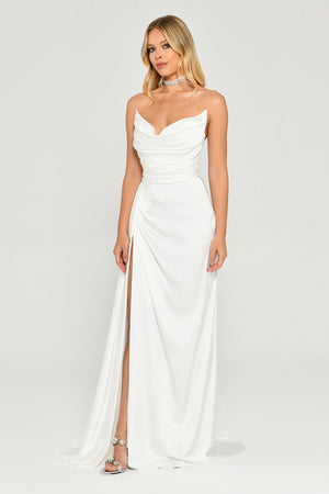 Boat Neck Slit Satin Dress