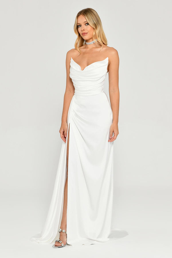 Boat Neck Slit Satin Dress