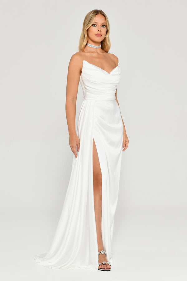 Boat Neck Slit Satin Dress