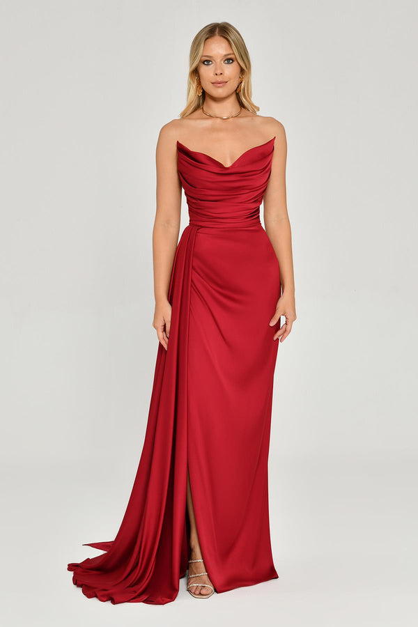 Boat Neck Slit Satin Dress