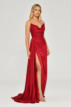 Boat Neck Slit Satin Dress